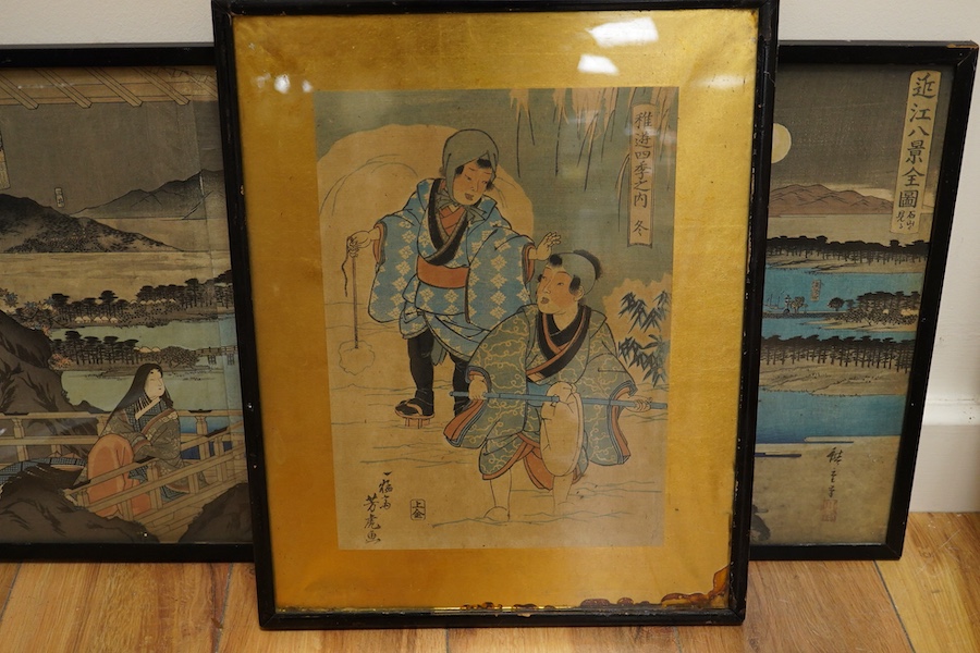 Two Japanese woodblock prints, to include; After Utagawa Hiroshige (1797-1858), colour woodblock print triptych, The Complete 8 Views of Omi, largest 35 x 72cm. Condition - fair to good